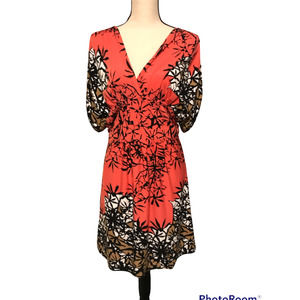 Joy Joy Orange, Black, White, Tan Floral Knee Length Dress, Size Medium